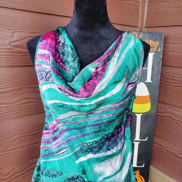 Elementz Abstract Multicolor Sleeveless Silky Draped Collar Blouse Women's Small - Picture 7 of 15
